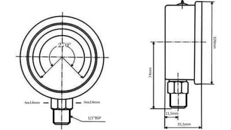 MANOMETAR DN100 VERTIKALNI 0 - 250 BAR - 1/2-dimenzije